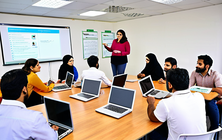 **A diverse group of teachers participating in a workshop, actively learning new teaching techniques using laptops and educational apps. The setting is a brightly lit, modern training room with Urdu text on a whiteboard.**