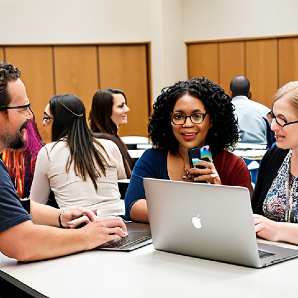 **A diverse group of teachers networking at a modern education conference, some using laptops, others in conversation, showcasing digital literacy and collaborative skill-building.** (Focus: Modern, diverse teachers, networking, digital literacy, collaboration)