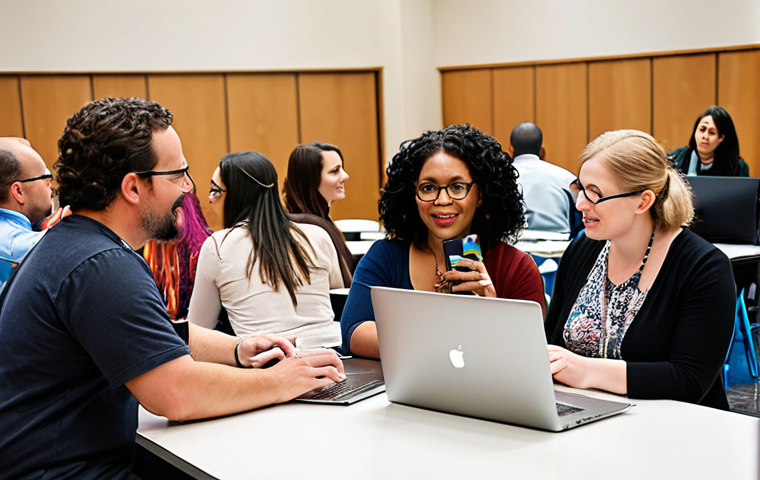 **A diverse group of teachers networking at a modern education conference, some using laptops, others in conversation, showcasing digital literacy and collaborative skill-building.** (Focus: Modern, diverse teachers, networking, digital literacy, collaboration)