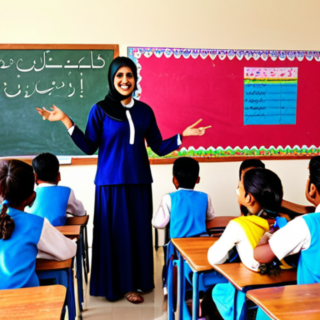 **A vibrant, colorful classroom filled with happy students and an enthusiastic teacher, Urdu text on the walls.**