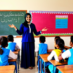**A vibrant, colorful classroom filled with happy students and an enthusiastic teacher, Urdu text on the walls.**