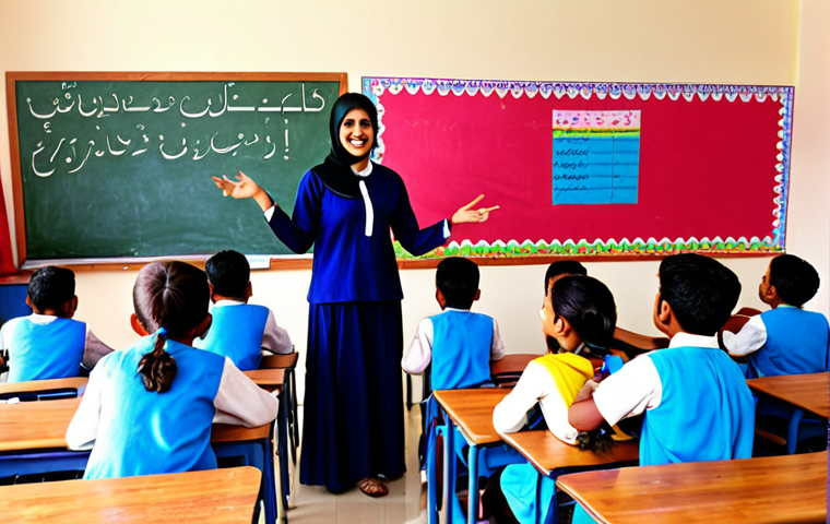 **A vibrant, colorful classroom filled with happy students and an enthusiastic teacher, Urdu text on the walls.**