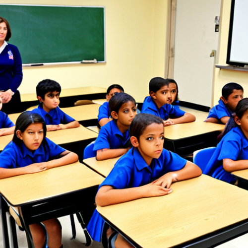 Home 24 **Image:** A classroom setting where students are actively participating in a disaster preparedness drill. Show children practicing "drop, cover, and hold on" under their desks during a simulated earthquake. The teacher is calmly guiding the students. (Emphasis on practical training and calm response)