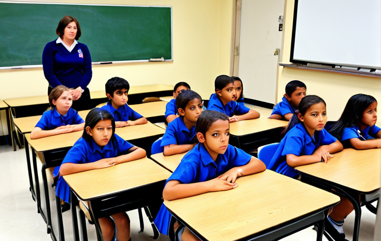 **Image:** A classroom setting where students are actively participating in a disaster preparedness drill. Show children practicing "drop, cover, and hold on" under their desks during a simulated earthquake. The teacher is calmly guiding the students. (Emphasis on practical training and calm response)