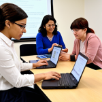 **

A diverse group of teachers actively participating in a modern training workshop. The scene incorporates elements of both traditional and digital learning – some teachers are engaged in hands-on activities with physical materials, while others are interacting with laptops and online learning platforms. The atmosphere is bright, collaborative, and focused on professional development. In the background, subtle visual cues hint at the integration of AI and VR in future teacher training.

**
