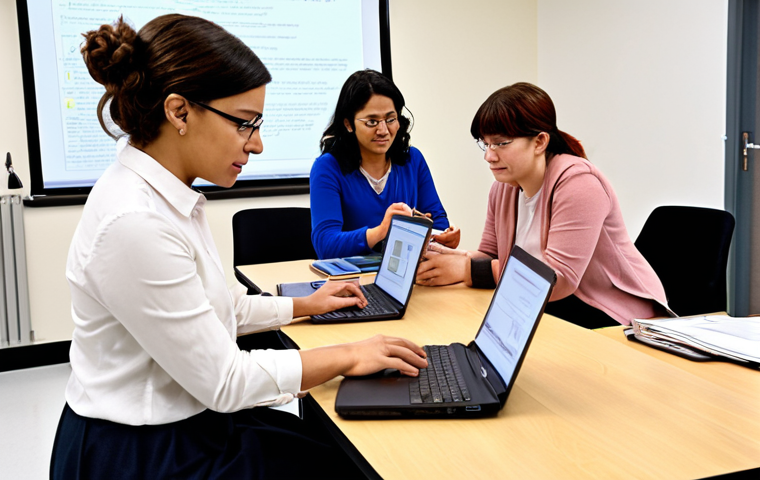 **

A diverse group of teachers actively participating in a modern training workshop. The scene incorporates elements of both traditional and digital learning – some teachers are engaged in hands-on activities with physical materials, while others are interacting with laptops and online learning platforms. The atmosphere is bright, collaborative, and focused on professional development. In the background, subtle visual cues hint at the integration of AI and VR in future teacher training.

**