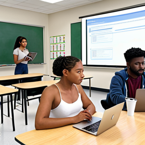 Home 22 **A diverse group of students actively participating in a modern classroom, using laptops and tablets. The teacher is facilitating a discussion, incorporating AI-powered assessment tools.**