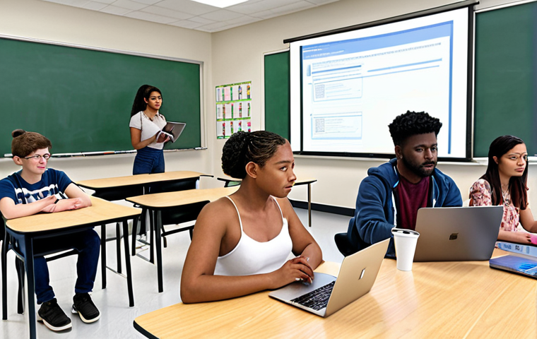 **A diverse group of students actively participating in a modern classroom, using laptops and tablets. The teacher is facilitating a discussion, incorporating AI-powered assessment tools.**