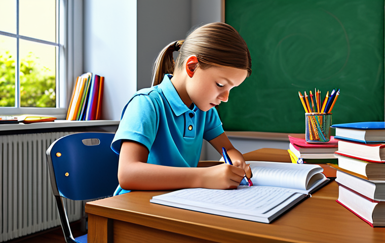교사 자녀와 직업 충돌 관리 - A Teacher's Child Studying**

"A young, fully clothed student, appropriate attire, sitting at a desk...