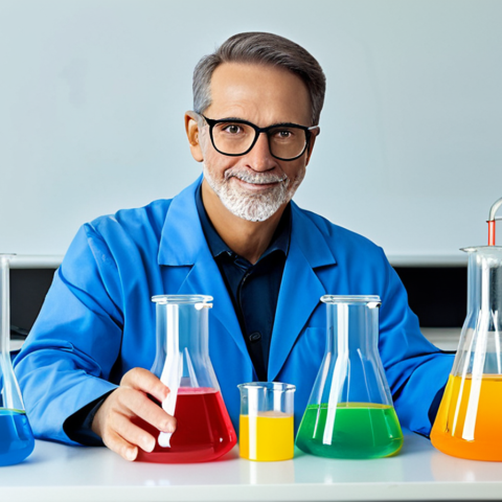 교사 수업자료 제작 소프트웨어 - **A science teacher demonstrating an experiment with beakers and colorful liquids, safe for work, ap...