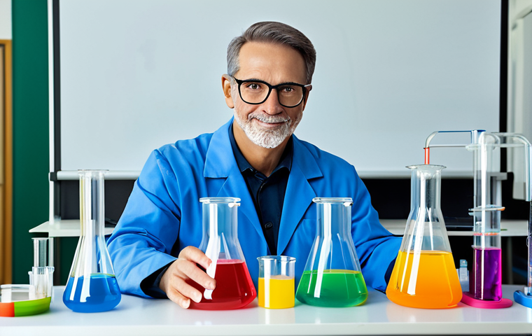 교사 수업자료 제작 소프트웨어 - **A science teacher demonstrating an experiment with beakers and colorful liquids, safe for work, ap...