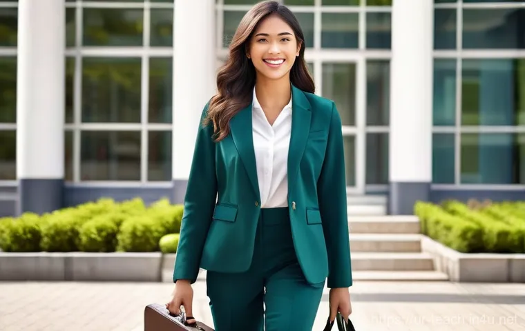 교사 자격증 면접 준비 요령 - **Prompt:** A confident, young female teacher, professionally dressed in a modest blazer and trouser...