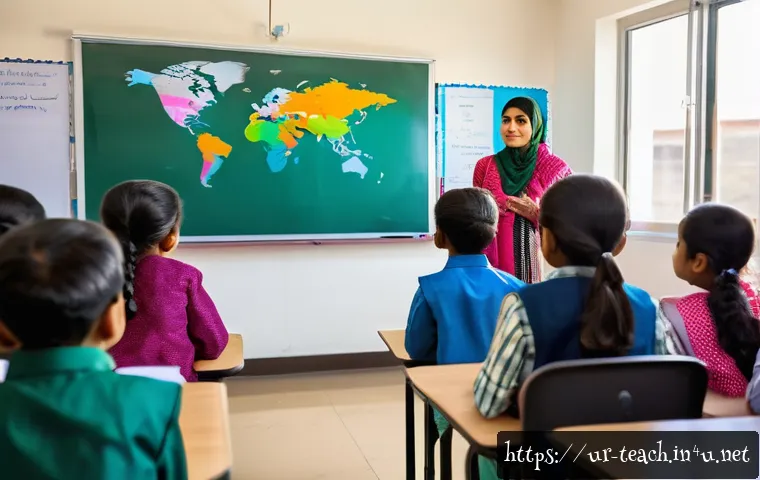 교사 발표 스킬 향상법 - A warm, engaging classroom scene featuring a South Asian female teacher in modest attire using expre...