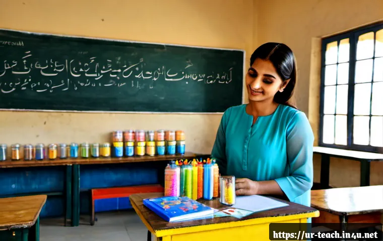 교사 학급 경제 운영법 - Photorealistic Pakistani primary school classroom, a warm and approachable female teacher in modest ...