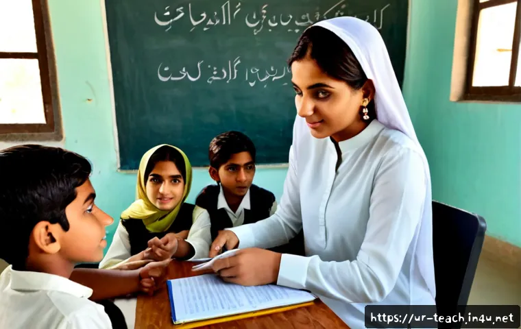 Home 17 교사 학급 구성원 관계 관리 - Photorealistic Pakistani classroom during a collaborative lesson, a warm and approachable female tea...