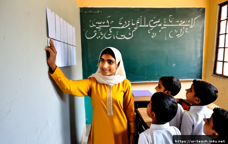 Home 17 교사 학급 규칙 설정 요령 - Photorealistic Pakistani primary school classroom, a warm approachable female teacher in modest shal...