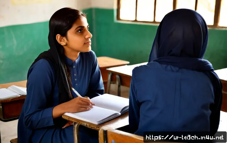 Home 17 교사 수업 관찰 일지 작성법 - Photorealistic Pakistani primary school classroom, a modestly dressed female teacher in shalwar kame...