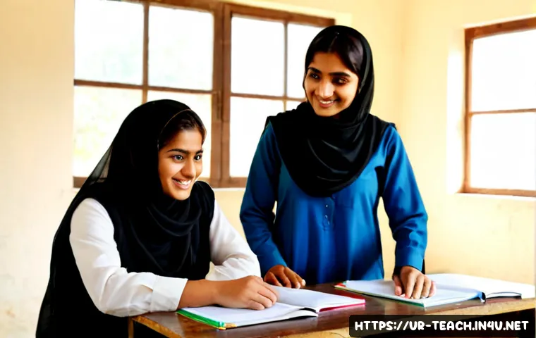 교사 동기부여 사례 공유 - Photorealistic Pakistani primary school classroom, a confident female teacher in modest shalwar kame...